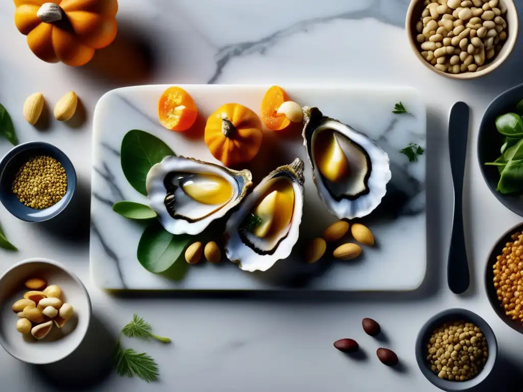 Deliciosos alimentos ricos en zinc en 8k Una composición de alimentos ricos en zinc, como ostras, carne, lentejas, semillas de calabaza y nueces de cajú, sobre una tabla de mármol moderna