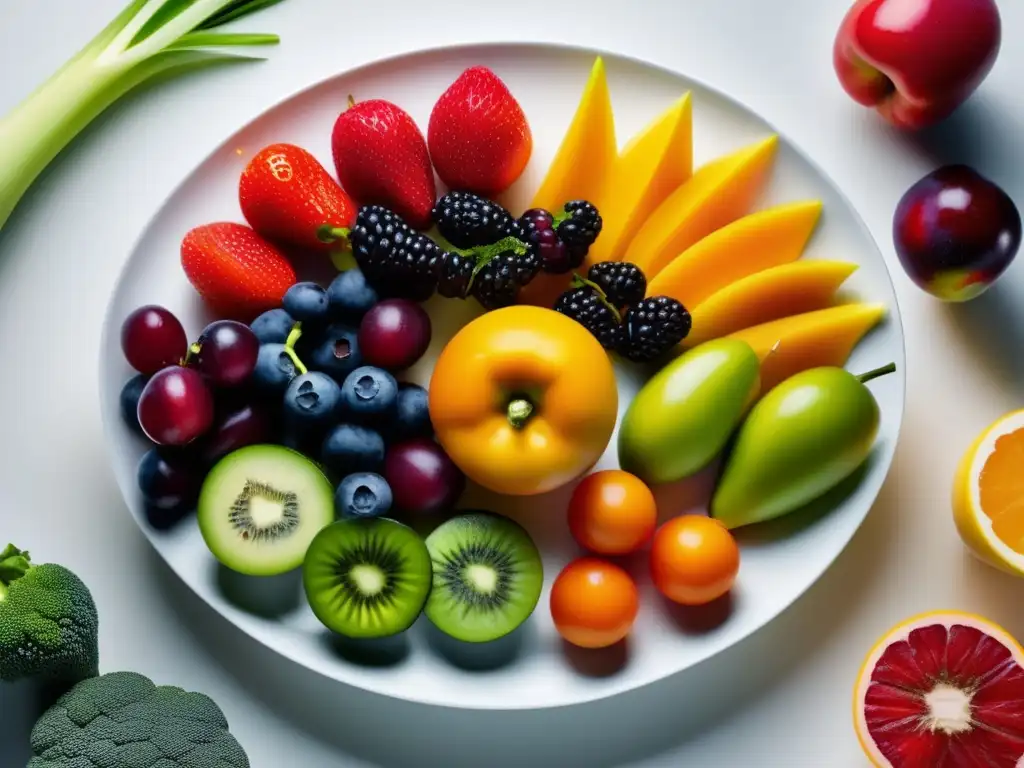 Una composición artística de frutas y verduras coloridas en un plato blanco, ideal para una dieta para tratamientos capilares