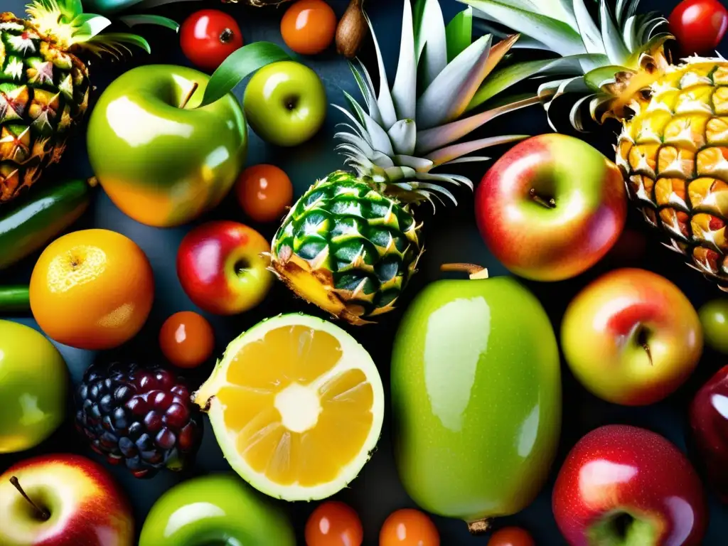 Una composición equilibrada de frutas y verduras coloridas, con detalles intrincados que realzan su belleza natural