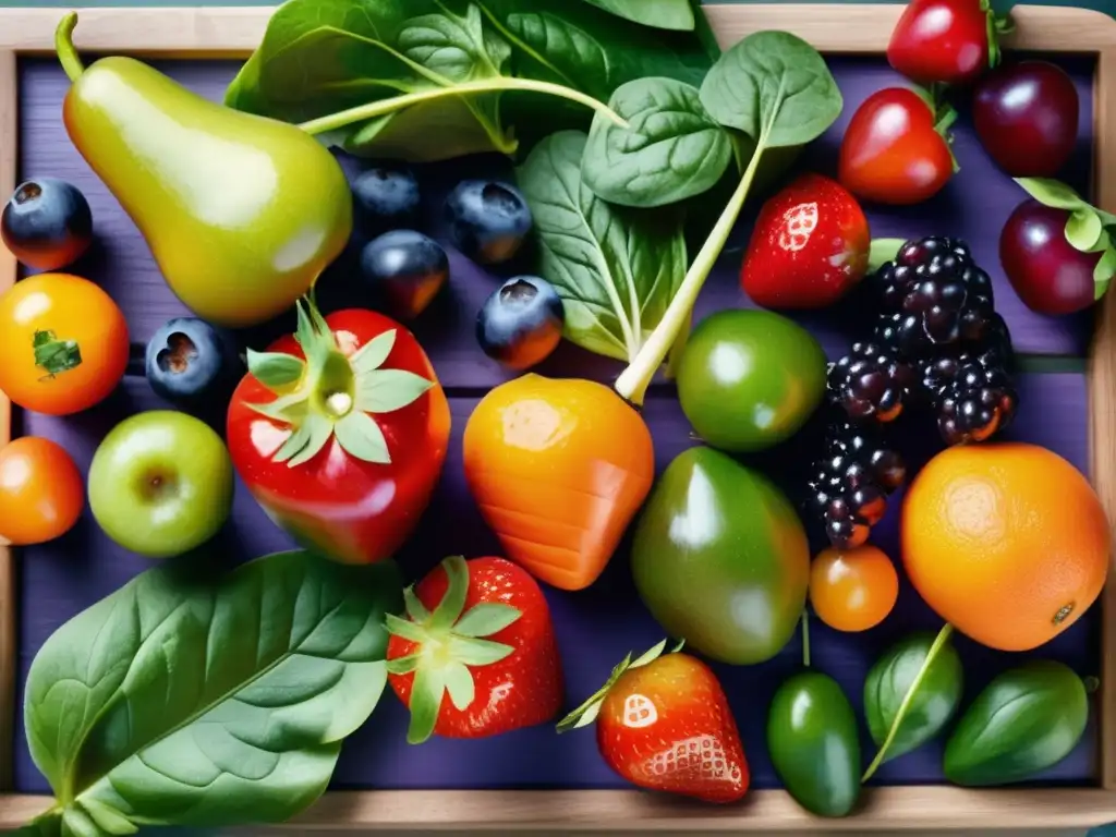 Una composición fresca de frutas y verduras en una tabla de cortar de madera, resalta la diversidad y frescura, promoviendo una dieta saludable para el cabello