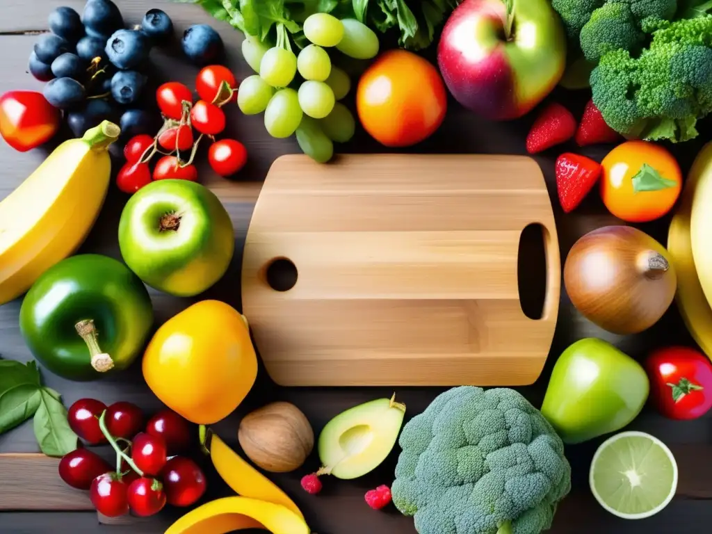 Una composición de frutas y verduras coloridas sobre tabla de madera, iluminada por el sol