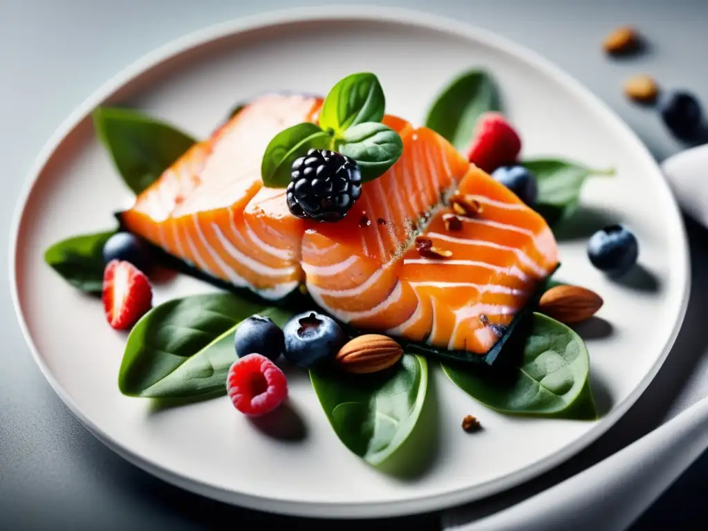 Una composición vibrante de alimentos nutritivos en un plato blanco, destacando la importancia de una dieta para regeneración capilar.