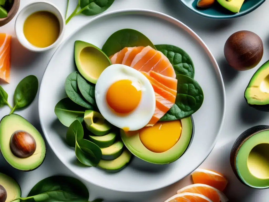 Una composición vibrante de alimentos ricos en nutrientes, como espinacas, huevos, frutos secos, aguacates y salmón, dispuestos de forma artística en un elegante plato blanco