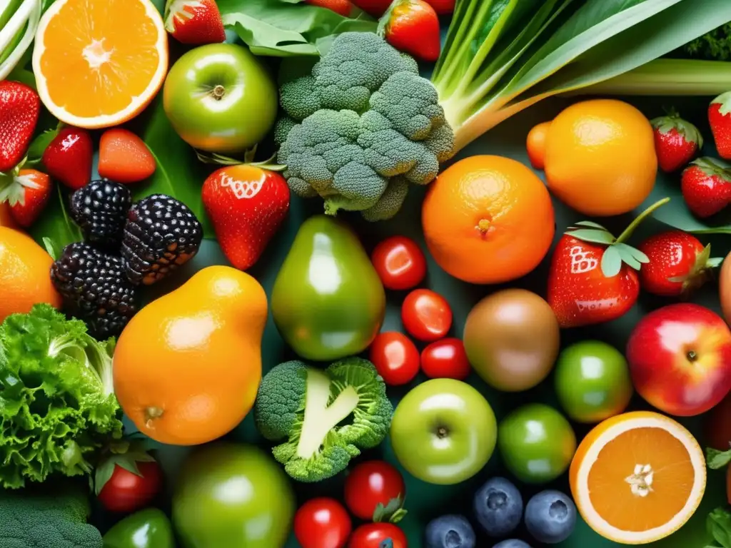 Una composición vibrante de frutas y verduras frescas, evocando vitalidad y nutrición para el curso de nutrición y cuidado capilar.