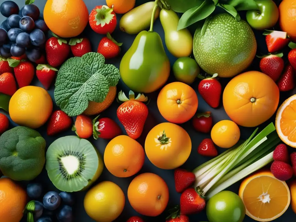 Una composición vibrante de frutas y verduras frescas, ideal para fortalecer el cabello.