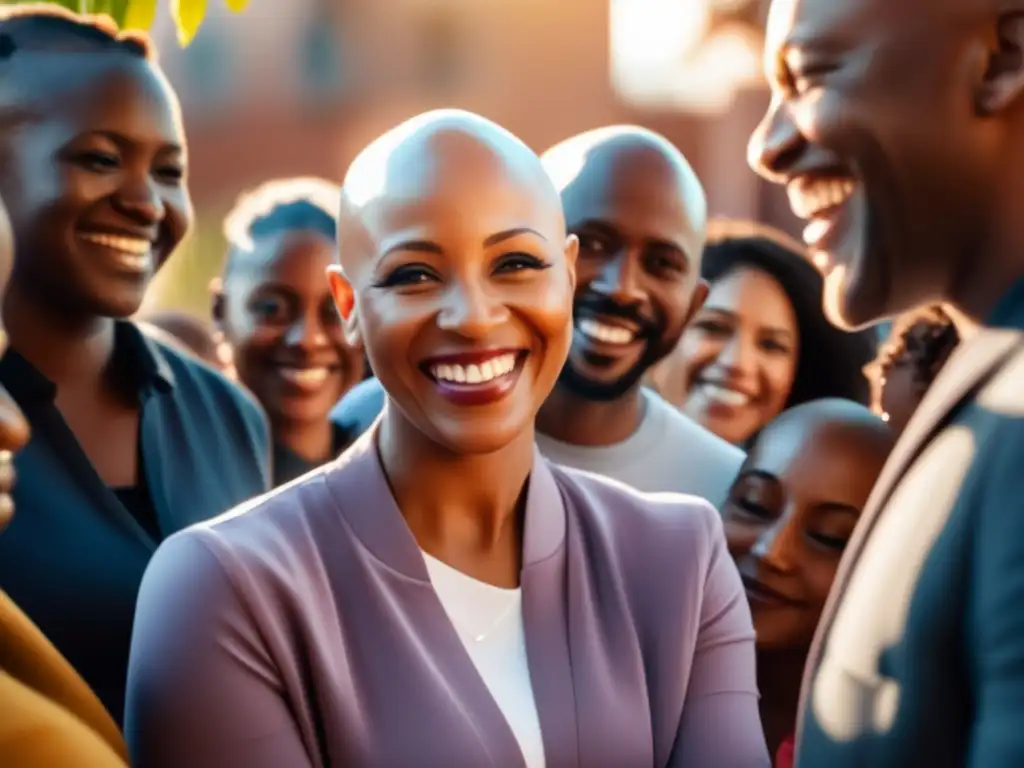 Una comunidad diversa ofrece apoyo comunitario en manejo de alopecia mientras una persona con calvicie abraza su cabeza con confianza bajo la cálida luz del sol, irradiando empoderamiento y resiliencia