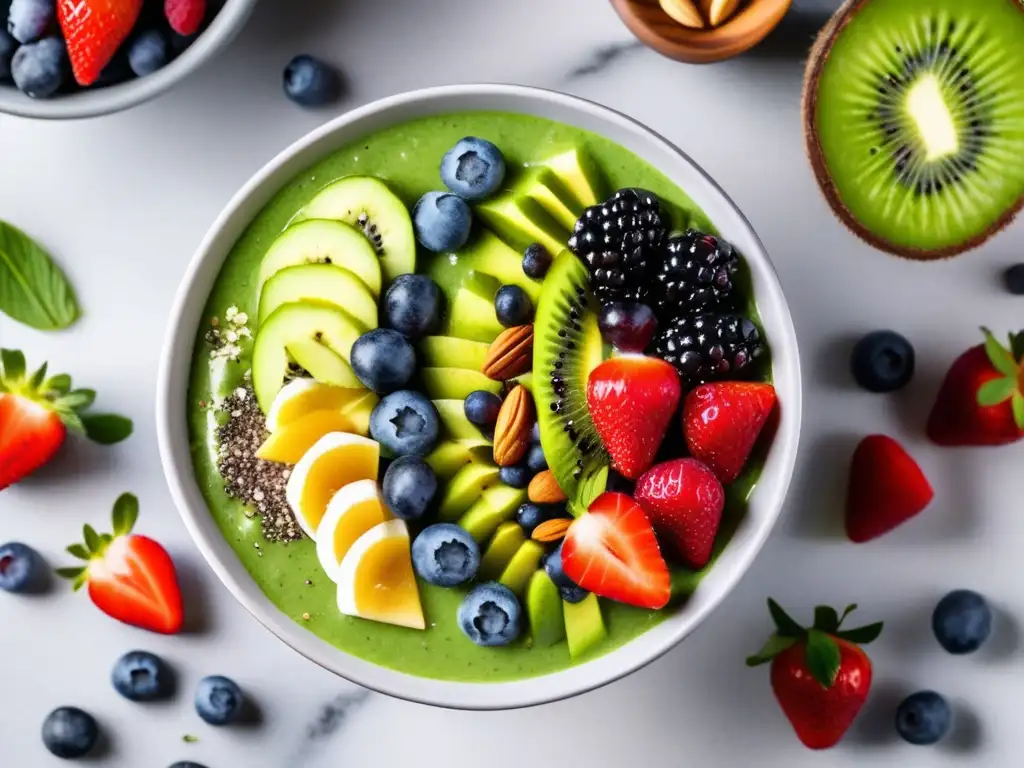 Un delicioso bowl de smoothie verde lleno de antioxidantes para prevenir la caída del cabello, decorado con frutas frescas y semillas.