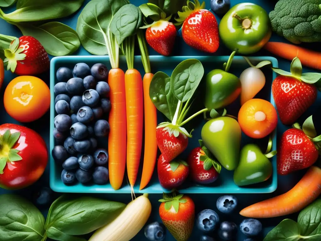 Un deslumbrante arreglo de frutas y verduras frescas con colores vibrantes evoca vitalidad y salud