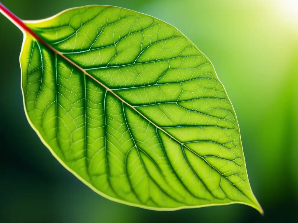 Detallada hoja verde iluminada por detrás, con venas visibles