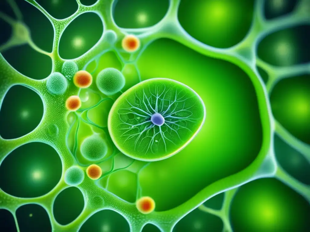 Detallada imagen de una célula vegetal verde, con paredes celulares, cloroplastos y otras estructuras visibles