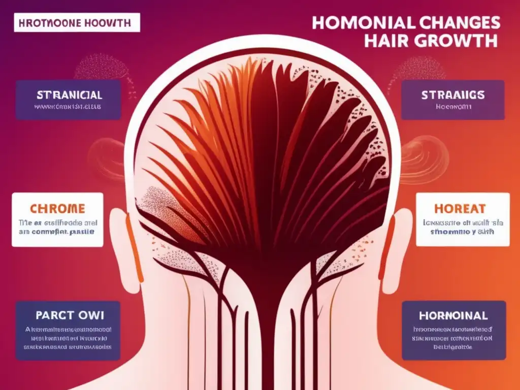 Detallada imagen del cuero cabelludo con folículos y cabello, con un diagrama que ilustra cambios hormonales en el crecimiento capilar