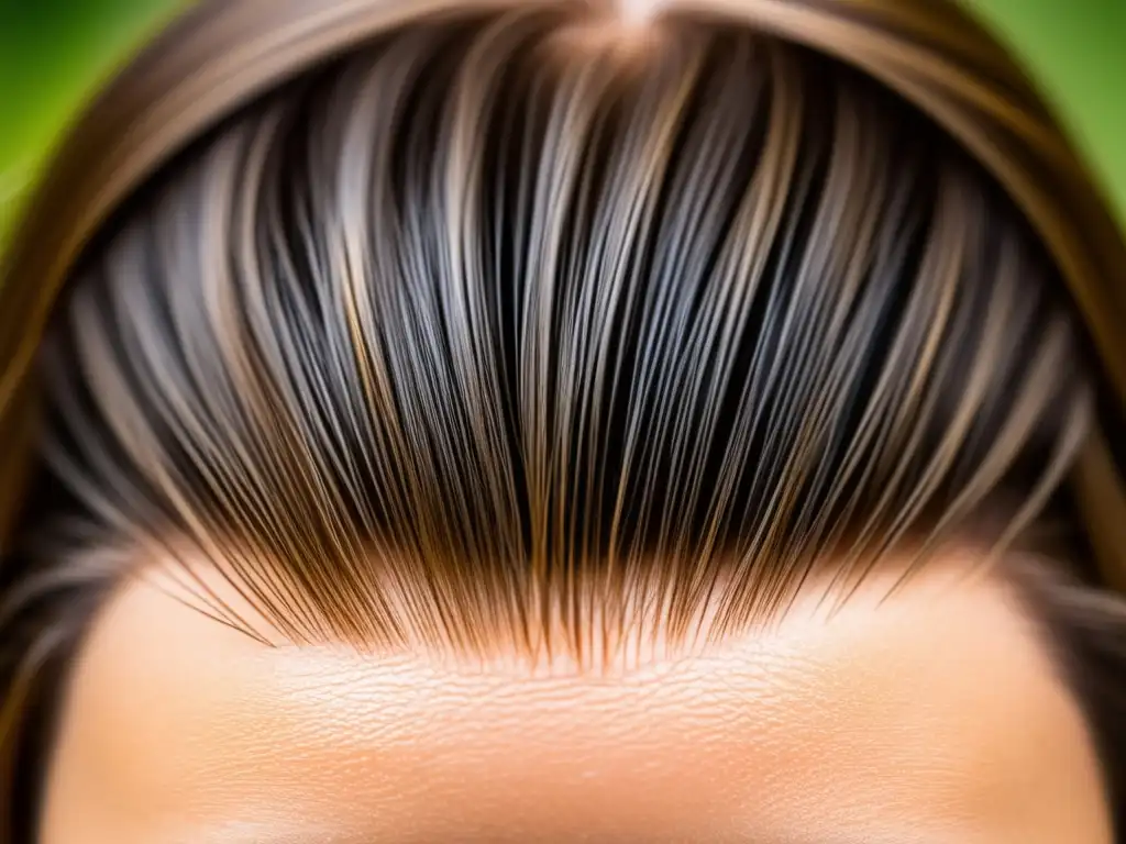 Detallada imagen de un cuero cabelludo femenino mostrando la regeneración del cabello tras la caída post embarazo, resaltando la delicadeza de los nuevos mechones