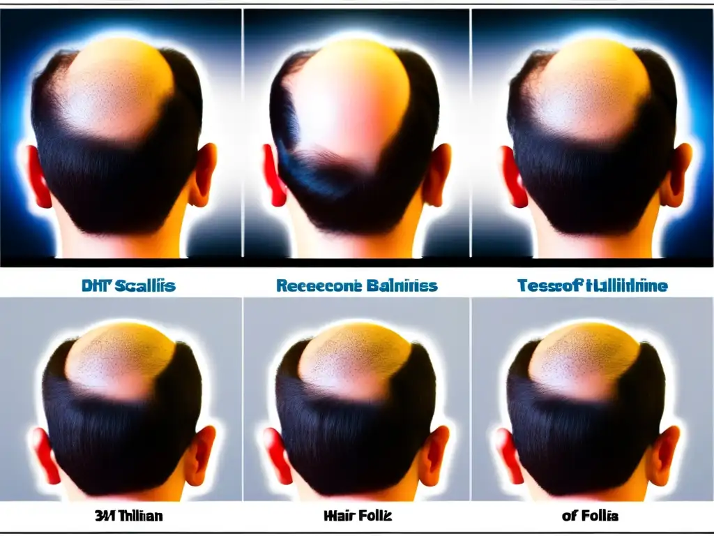 Detallada imagen de un cuero cabelludo masculino mostrando la progresión de la calvicie masculina, con énfasis en los folículos pilosos y los efectos de la testosterona y DHT en la pérdida de cabello