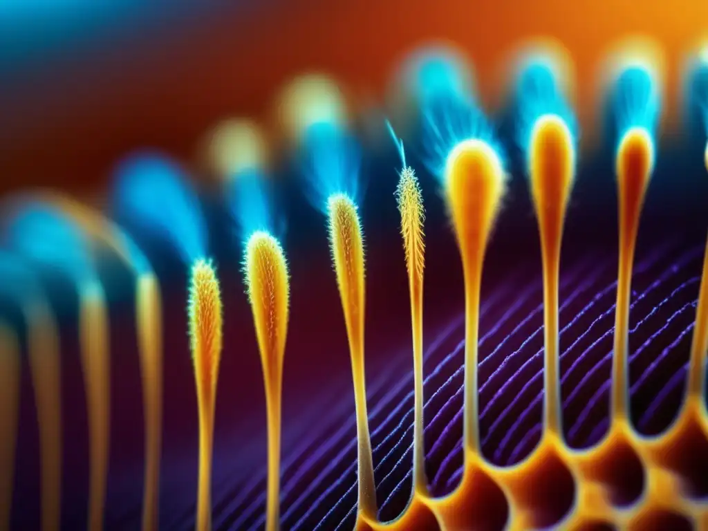 Detallada imagen microscópica de un folículo piloso sano, resaltando la estructura del cabello y células, mostrando la ciencia detrás de los suplementos capilares efectivos para la pérdida de cabello