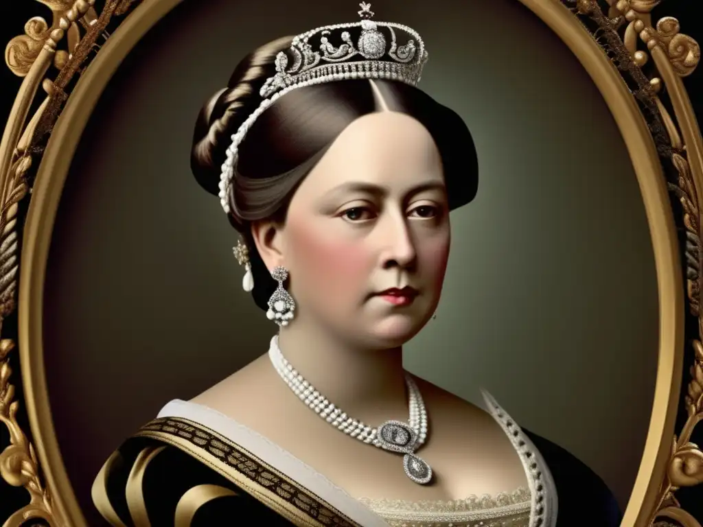 Detallado retrato real que muestra el peinado elaborado de la Reina Victoria, destacando las trenzas intrincadas, accesorios ornamentales y estilo impecable de la era victoriana