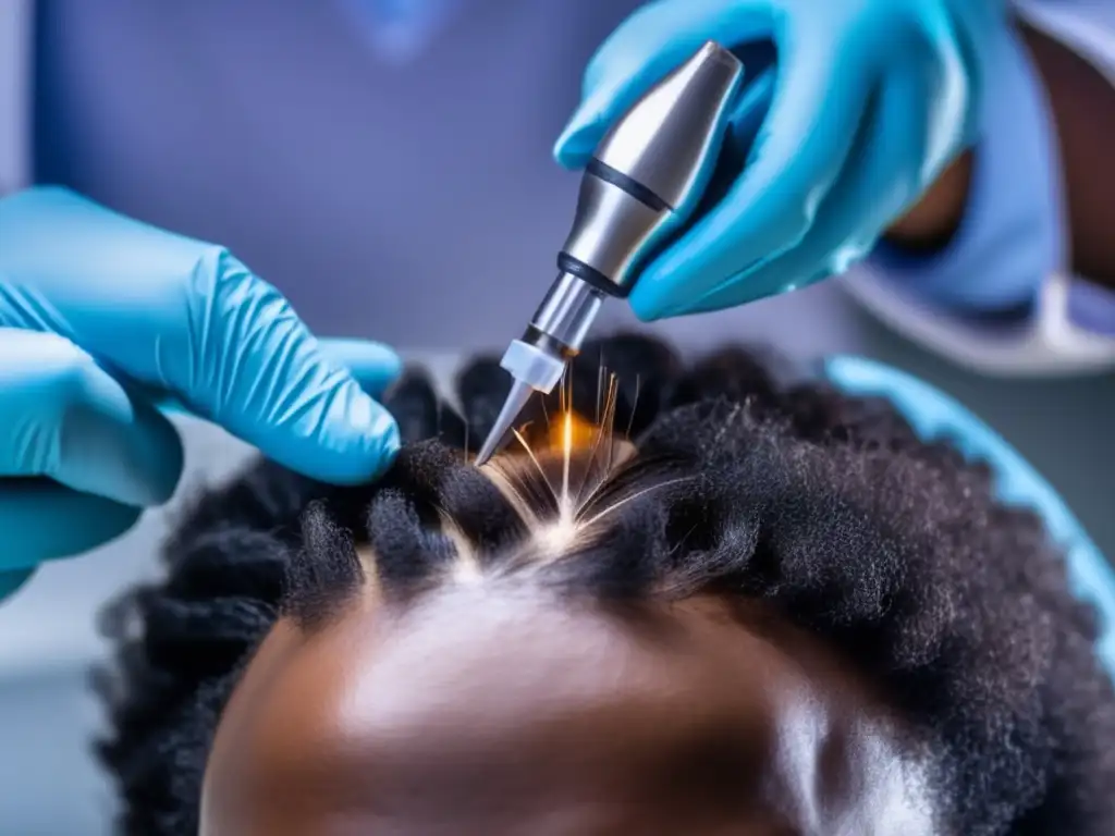 Implante capilar detallado para cabello afro Un detallado trasplante capilar en afrodescendientes, mostrando la precisión y especialización en la restauración capilar