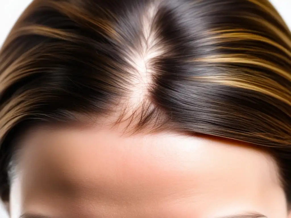 Detalle de la progresión de la alopecia frontal fibrosante en el cuero cabelludo de una paciente, mostrando la pérdida de cabello, cicatrices y enrojecimiento característicos de la condición