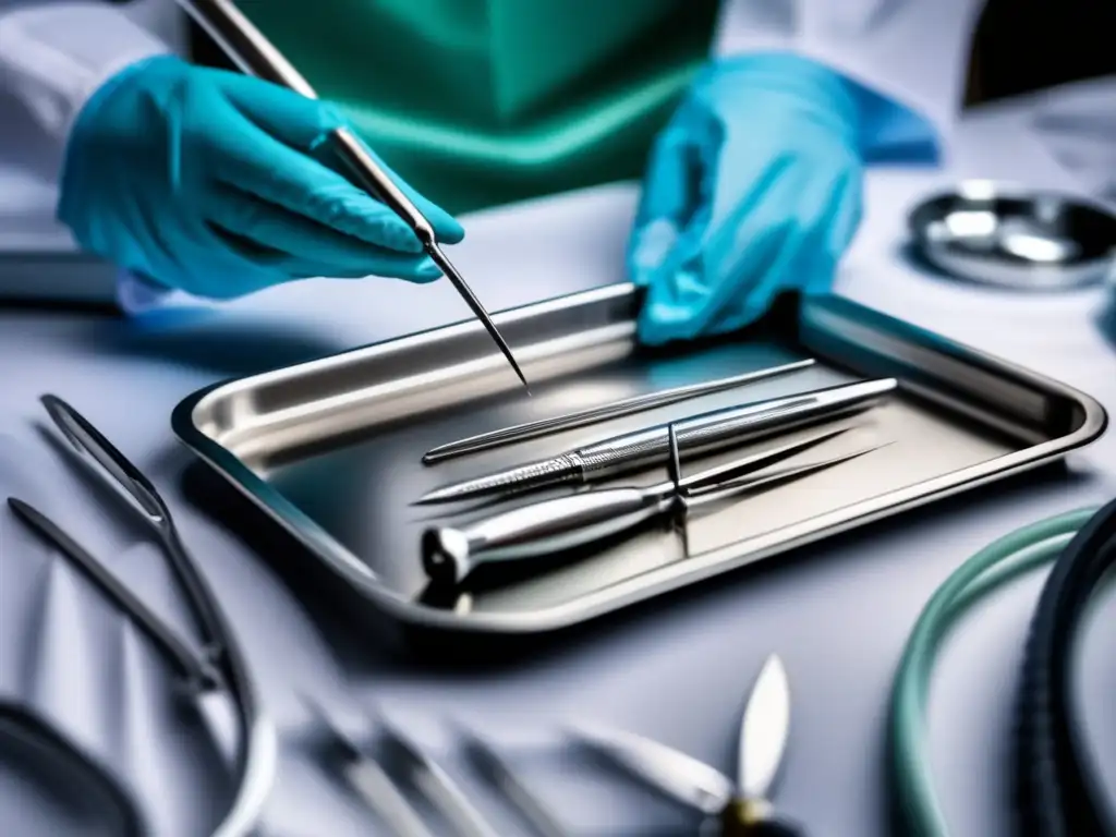 Equipo quirúrgico estéril para trasplante capilar Detalle de bandeja quirúrgica con instrumentos relucientes, listos para prevención infecciones trasplante capilar