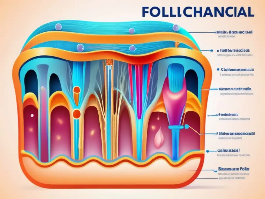 Detalle biomecánico de la pérdida de cabello: ilustración moderna y detallada de un folículo piloso con componentes como fibras de colágeno y glándulas sebáceas