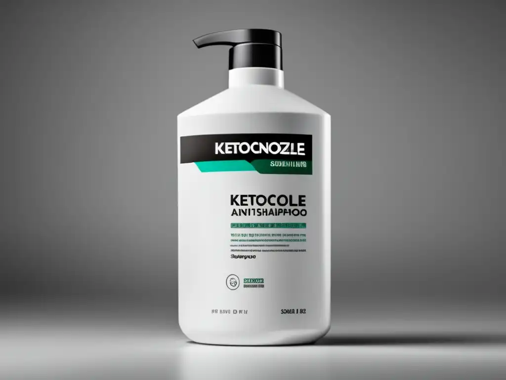 Detalle de botella de champú anticaída con ketoconazol, diseño minimalista y efectividad profesional en blanco y negro