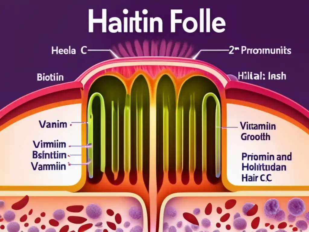 Detalle de folículo capilar sano con suplementos multivitamínicos para cabello saludable