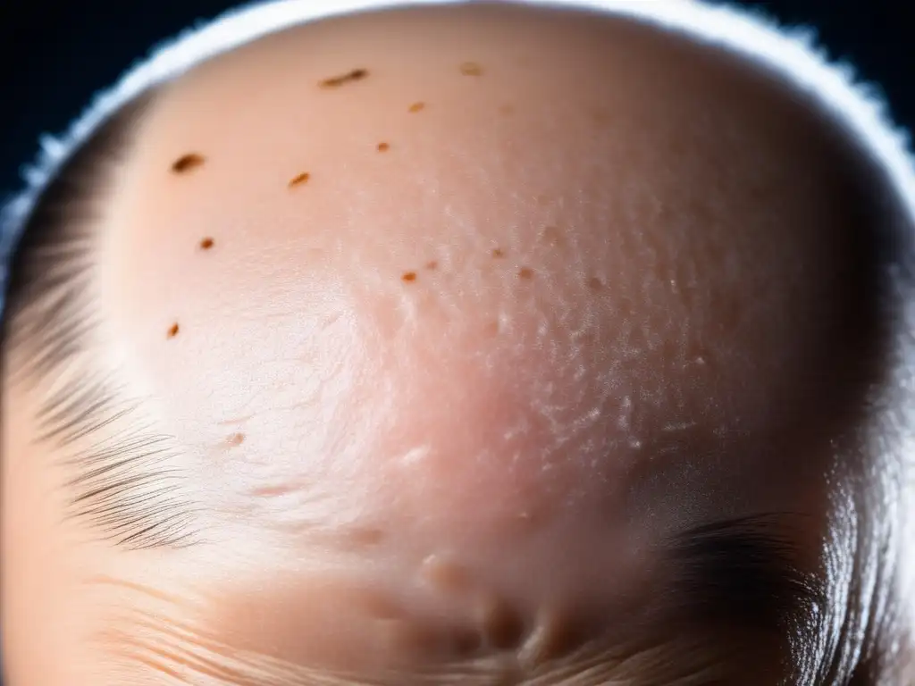 Detalle de cuero cabelludo con alopecia areata, mostrando la pérdida de cabello y la textura de la piel