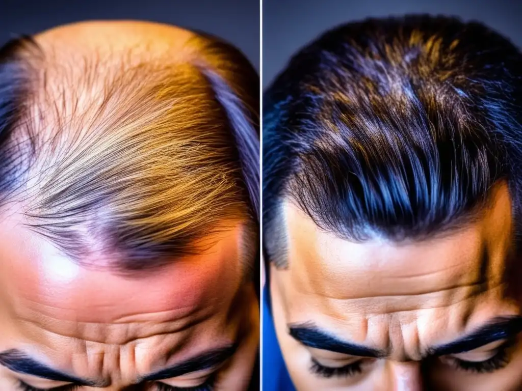 Detalle del cuero cabelludo antes y después del análisis costo inmunoterapia pérdida cabello, mostrando densidad y calidad del cabello