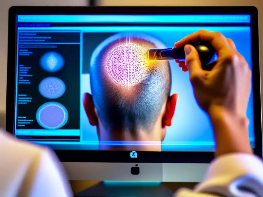 Detalle de cuero cabelludo con folículos capilares y telemedicina para tratamiento de alopecia en pantalla de alta resolución, reflejando innovación y cuidado personalizado