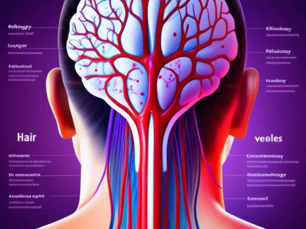 Detalle de cuero cabelludo con folículos capilares vibrantes y red de vasos sanguíneos, rodeado de gráficos científicos