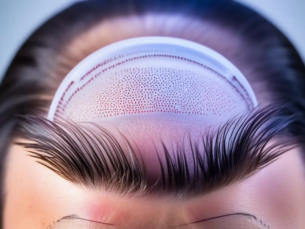 Resultado de trasplante capilar: detalle y promesa Detalle de cuidado postoperatorio trasplante capilar: nacimiento de nuevos folículos capilares con precisión y delicadeza