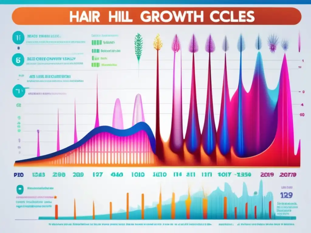 Detalle del gráfico científico de crecimiento del cabello, con ilustraciones detalladas de folículos en varias etapas de crecimiento y regeneración