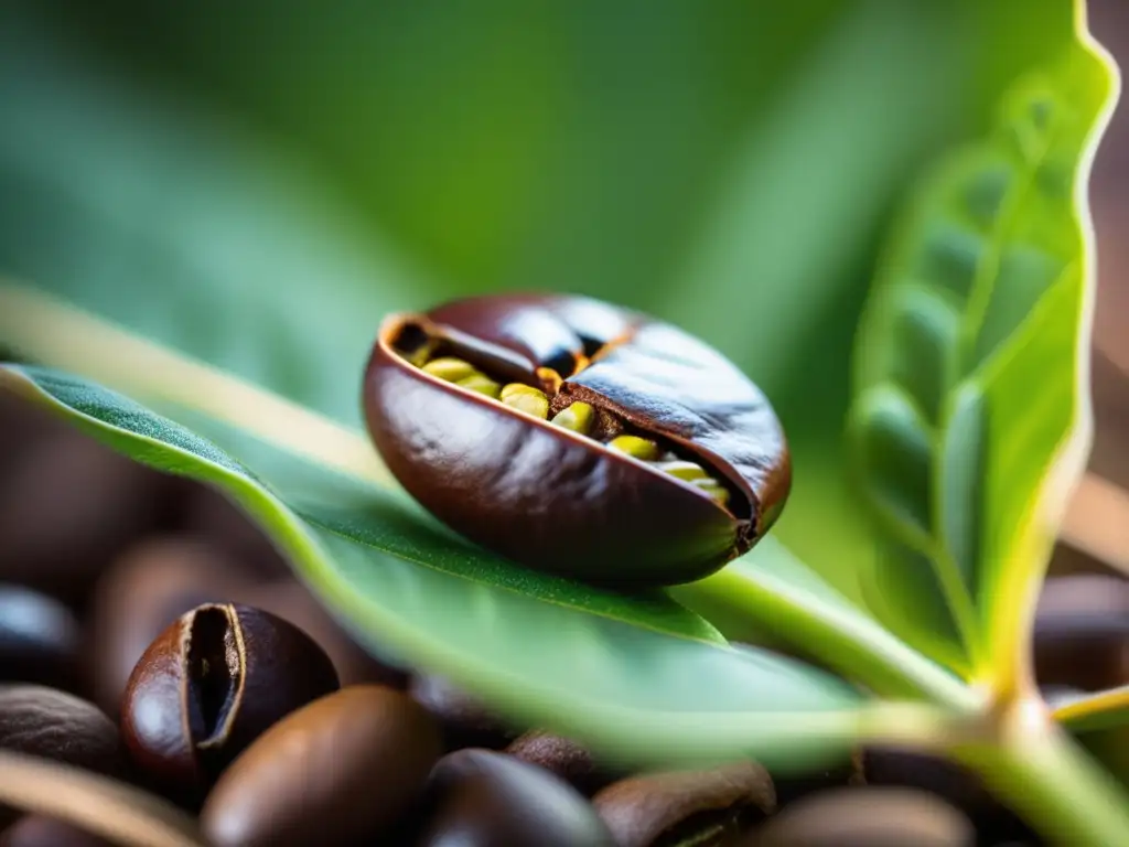 Detalle de un grano de café rodeado de hojas verdes, resaltando texturas y colores vibrantes