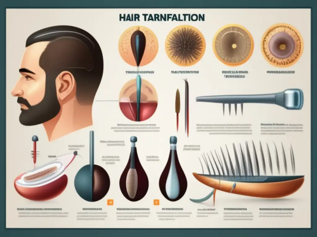Detalle histórico del trasplante capilar: ilustración 8k de la evolución de las técnicas y herramientas médicas a lo largo de la historia