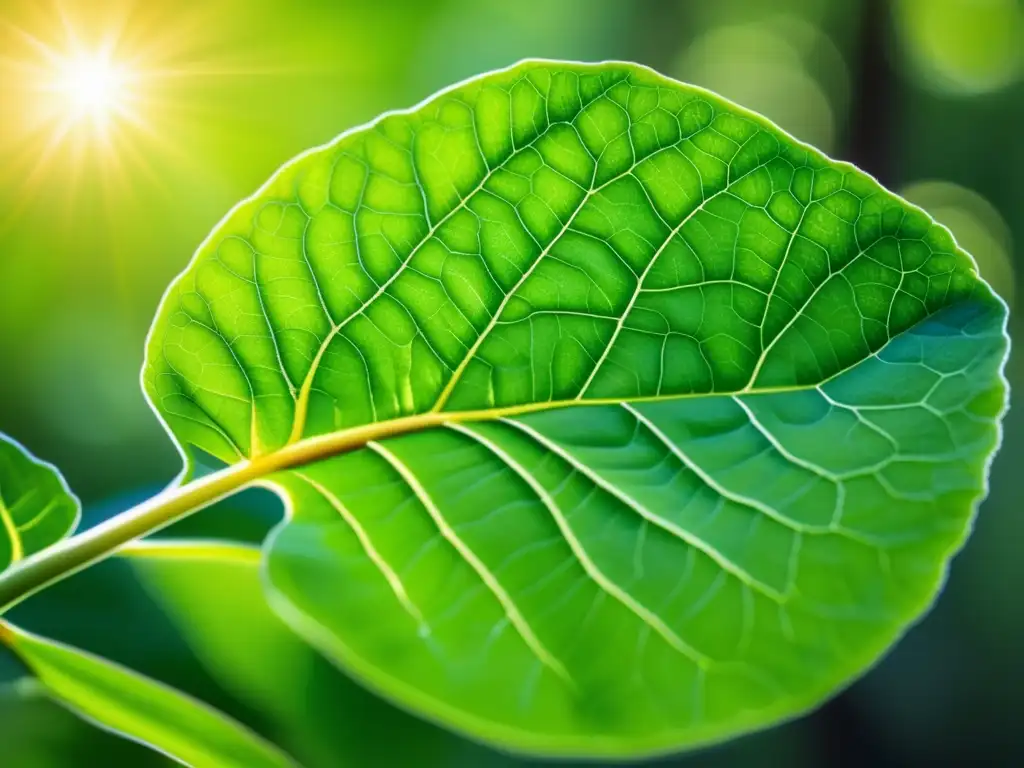 Detalle de una hoja verde con complejo entramado de venas, textura natural y luz solar filtrada