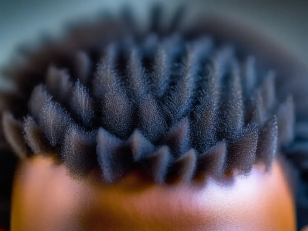 Intrincados rizos afro: Belleza natural y desafíos en trasplantes capilares Detalle impresionante de un cuero cabelludo con cabello afro rizado, resaltando la belleza única del cabello afrodescendiente