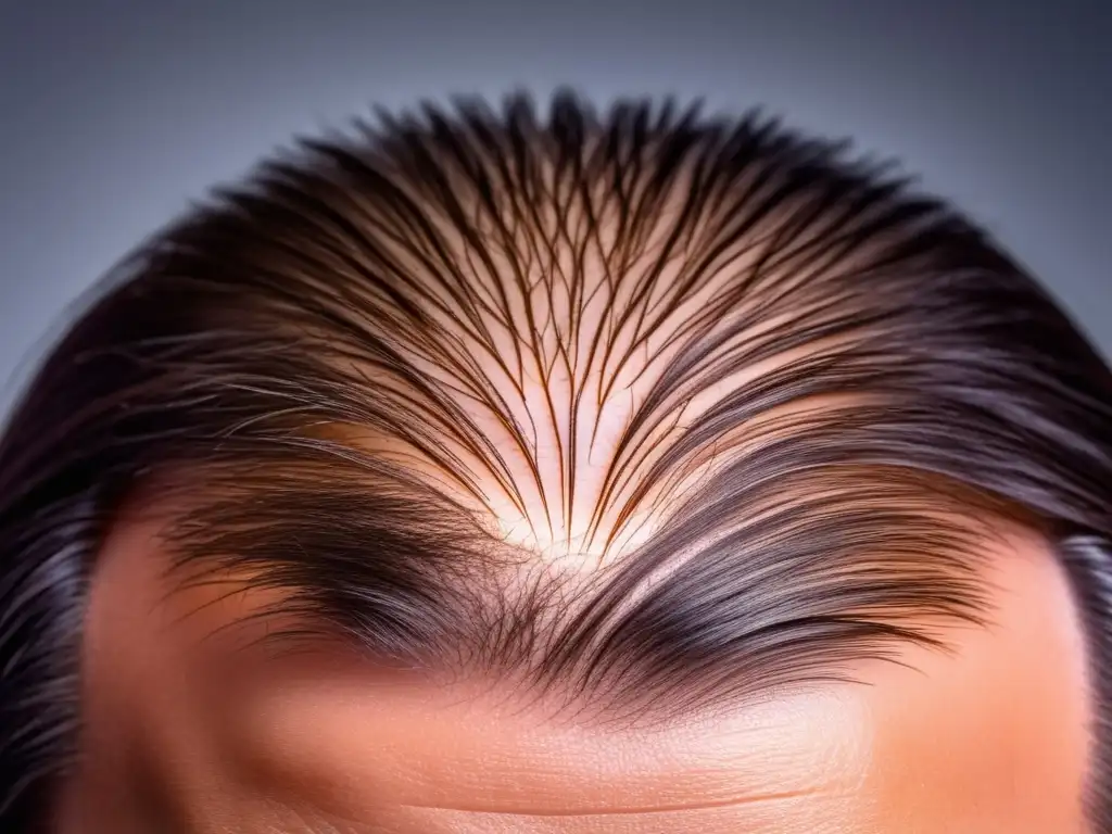 Detalle ultra HD de trasplante capilar: esperanza y precisión Detalle increíble de un cuero cabelludo con trasplante capilar, mostrando la red de folículos y dirección del crecimiento del cabello