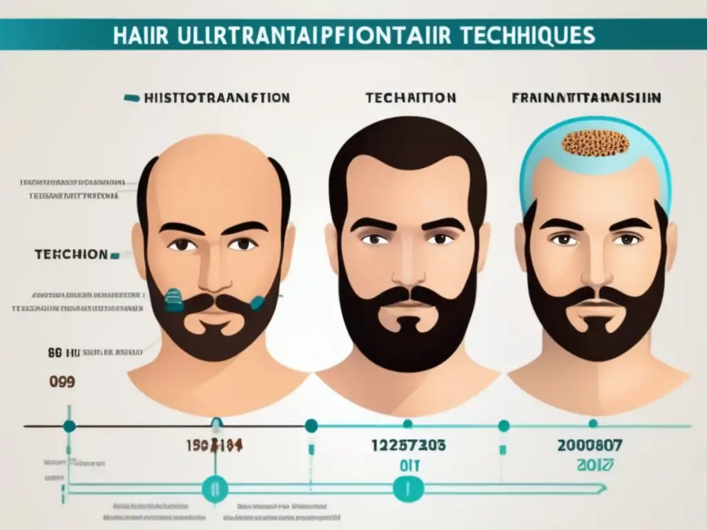 Detalle de línea temporal de trasplante capilar personalizado para pacientes, desde métodos antiguos hasta enfoques modernos