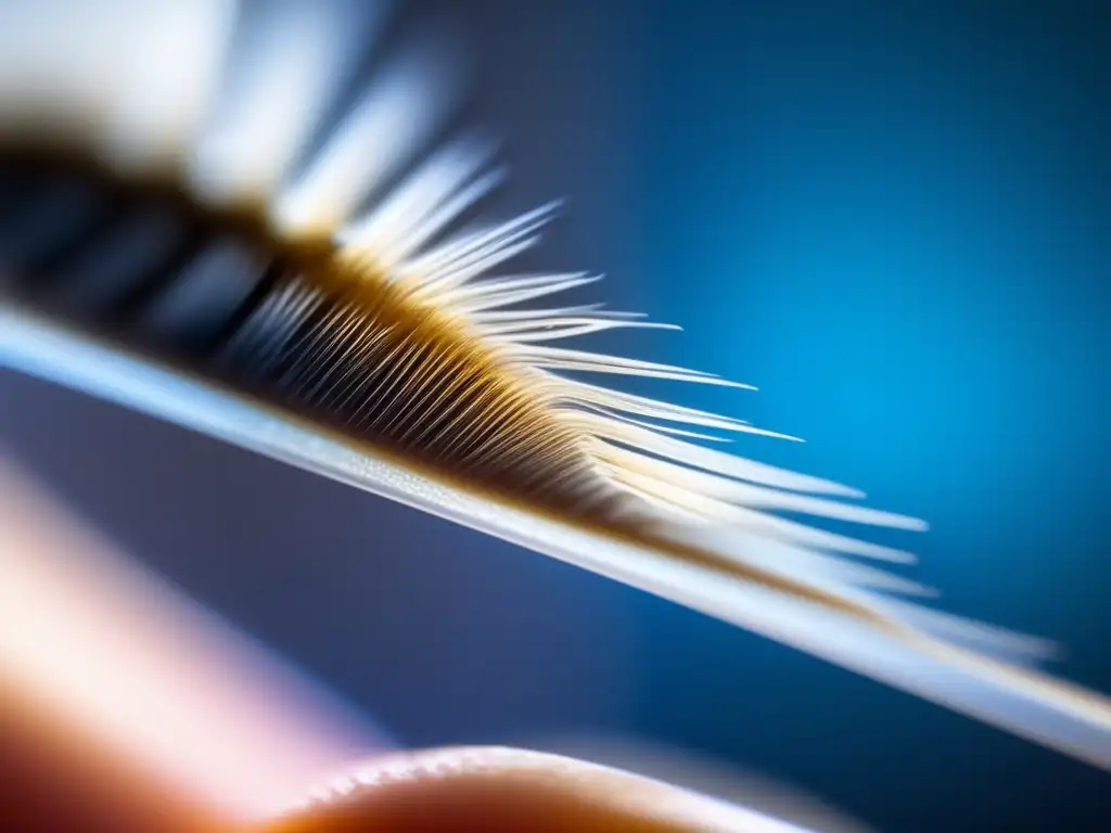 Detalle de mano sosteniendo una muestra de cabello bajo microscopio, resaltando la estructura y la tricología