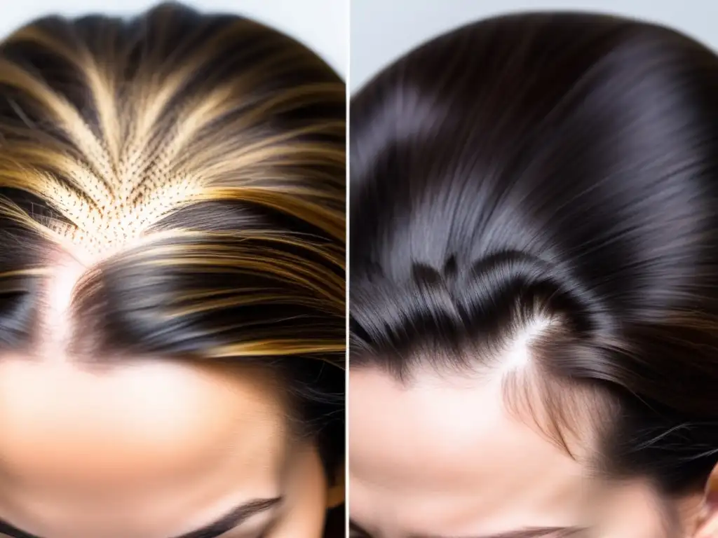 Detalle de microinjerto capilar en mujeres: antes y después de tratamiento exitoso, mostrando crecimiento capilar saludable y natural