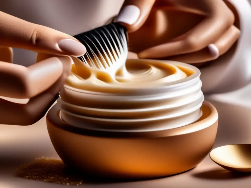 Detalle de persona aplicando cuidadosamente una mascarilla capilar nutritiva, cada hebra de cabello brilla con humedad, transmitiendo cuidado y protección