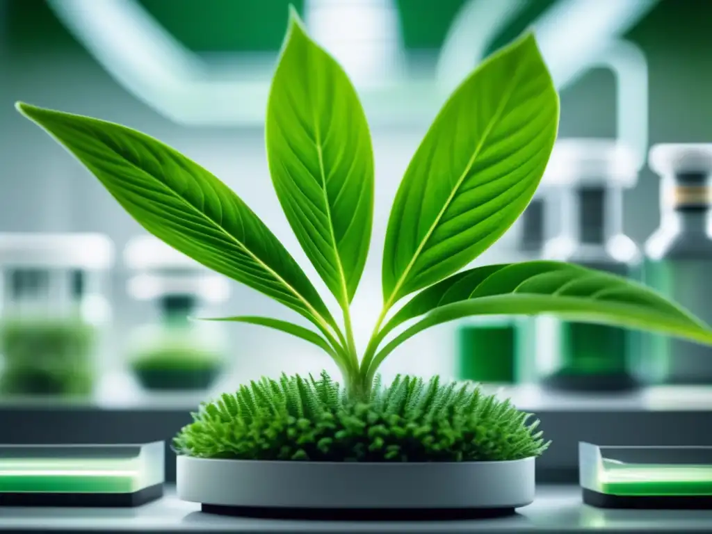 Detalle de planta verde en laboratorio moderno, promoviendo fitoterapia para la pérdida de cabello