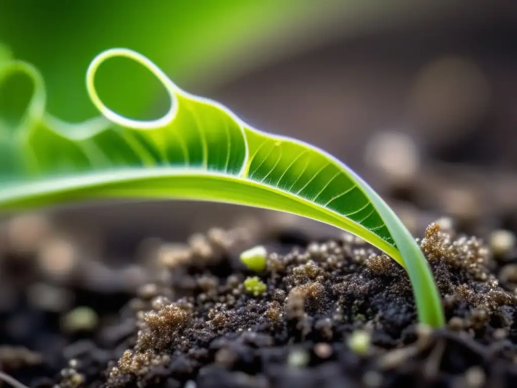 Detalle de planta vibrante con hojas verdes y raíces en suelo fértil
