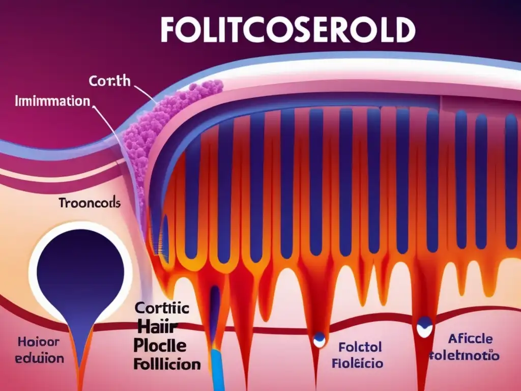 Diagrama detallado de folículo piloso con corticosteroides tópicos Detalle de la sección transversal de un folículo piloso con efectos de corticosteroides tópicos en la alopecia areata