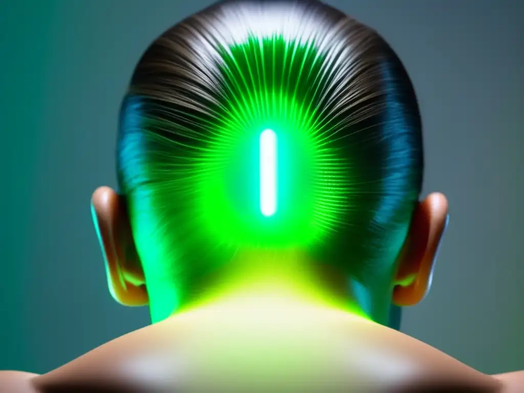 Terapia con Luz Verde: Detalles del Cuero Cabelludo Detalle de terapia de luz verde para cuero cabelludo, mostrando folículos capilares bajo luz verde y efecto calmante en la piel