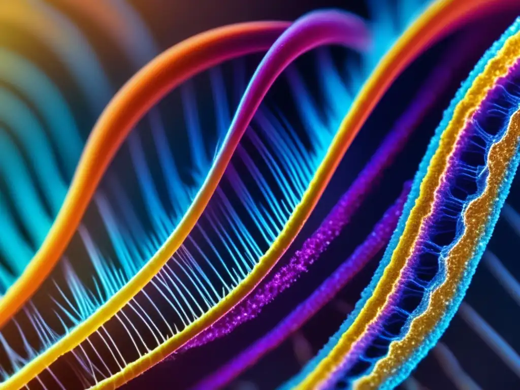 Detalle ultrapreciso de un folículo piloso bajo microscopio, revelando la complejidad genética de tratamientos para pérdida cabello