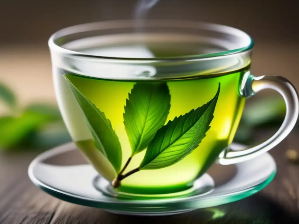 Detalle de té verde recién hecho en vaso moderno, con hojas desplegándose y liberando su color en el agua