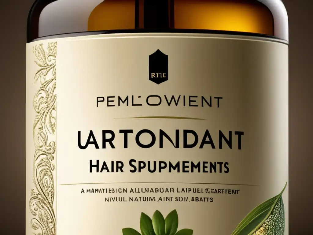 Detalles en alta resolución de suplementos antioxidantes para cabello en un elegante envase, transmitiendo lujo y calidad premium