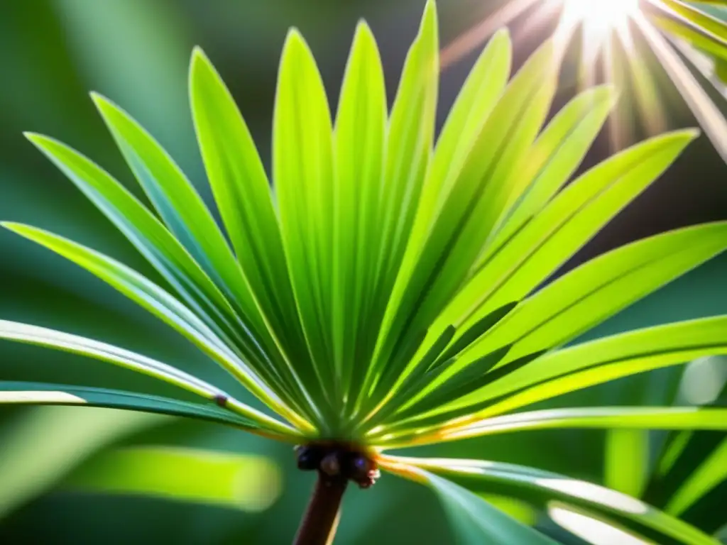 Detalles ultra nítidos de una planta de saw palmetto con frondas verdes exuberantes y bayas maduras, mostrando su potencial como tratamiento natural para la alopecia