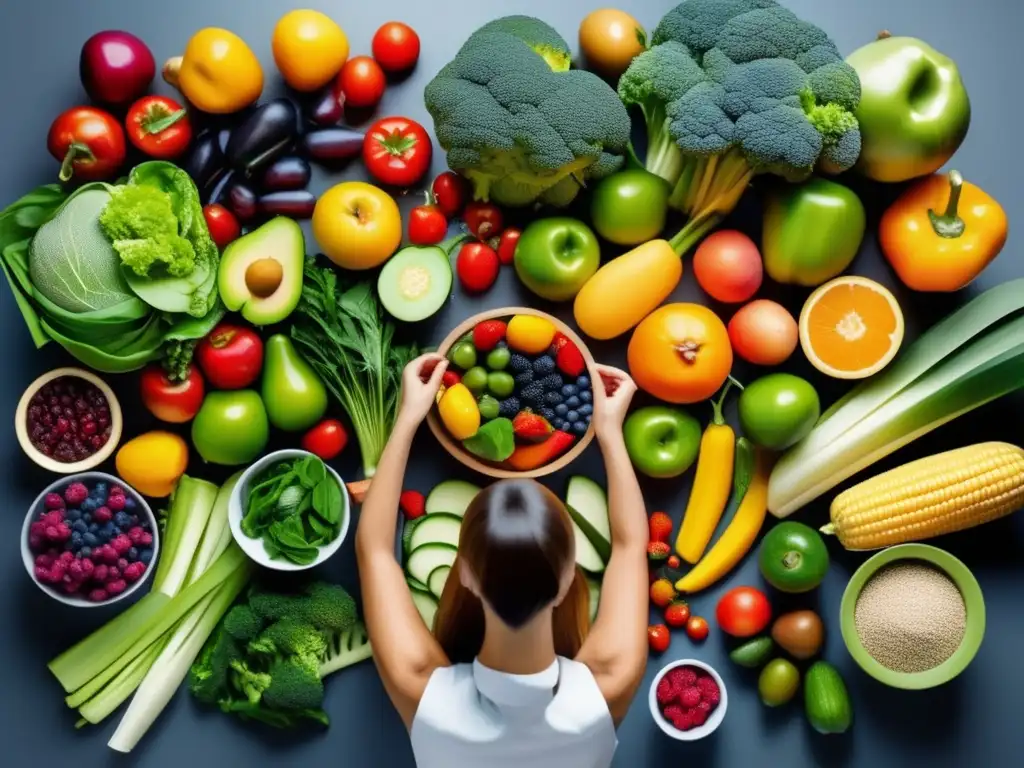 Un dietista profesional organiza frutas y verduras en una cocina moderna, promoviendo la alimentación para fortalecer cabello.