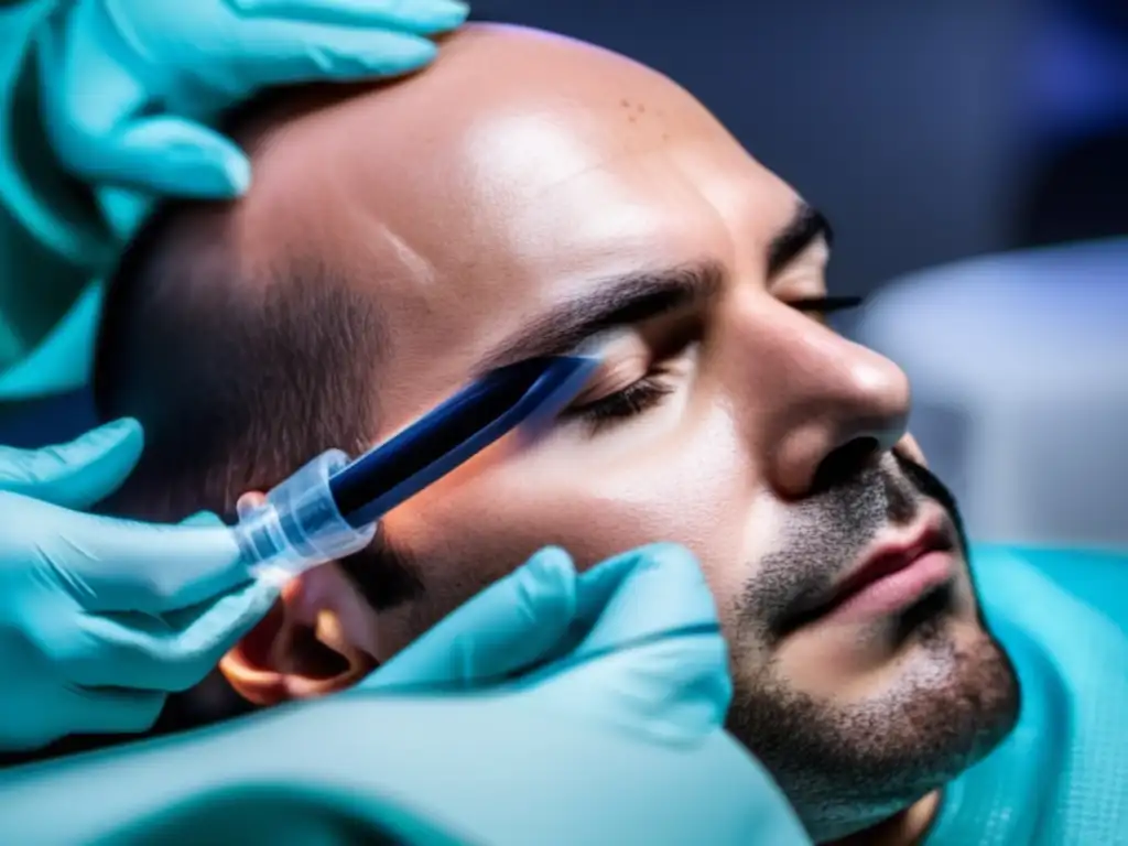 Procedimiento de trasplante capilar FUT: precisión y tecnología Diferencias FUE FUT trasplante cabello: Cirujano realiza minuciosas incisiones y extracción de folículos en moderna intervención de trasplante capilar